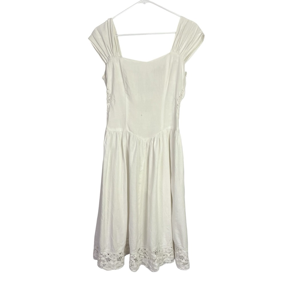 Vintage Birds Peking Handicraft Battenberg Lace Dress Size 6 White Basque Waist